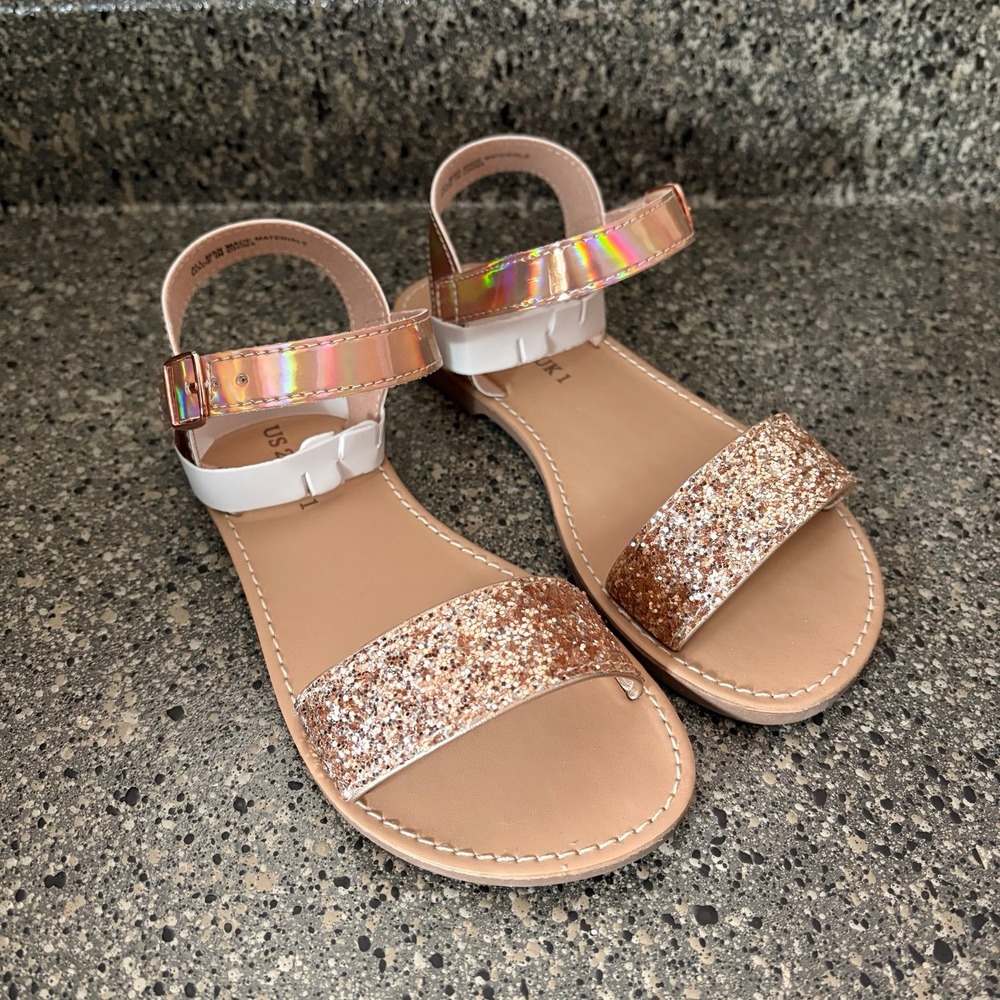 Skabiu Sparkly Rose Gold Glitter Sandals Iridescent Girls Youth 2Y NEW